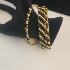 Black and Gold Seed Bead Bangle Bracelet Set  of 3 Diagonal Stripe pattern